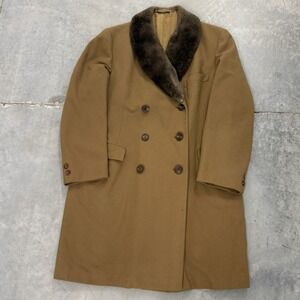 Vintage Hickey Freeman double breasted Wool Overcoat Faux Fur Collar Camel L